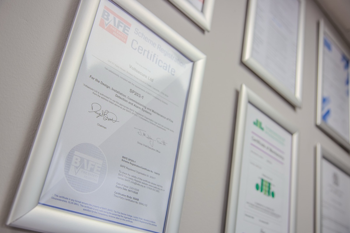 Close-up of the BAFE Fire Safety Register certificate