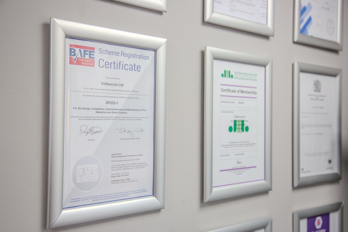 Framed BAFE SP203-1 Scheme Registration Certificate for fire detection and alarm systems