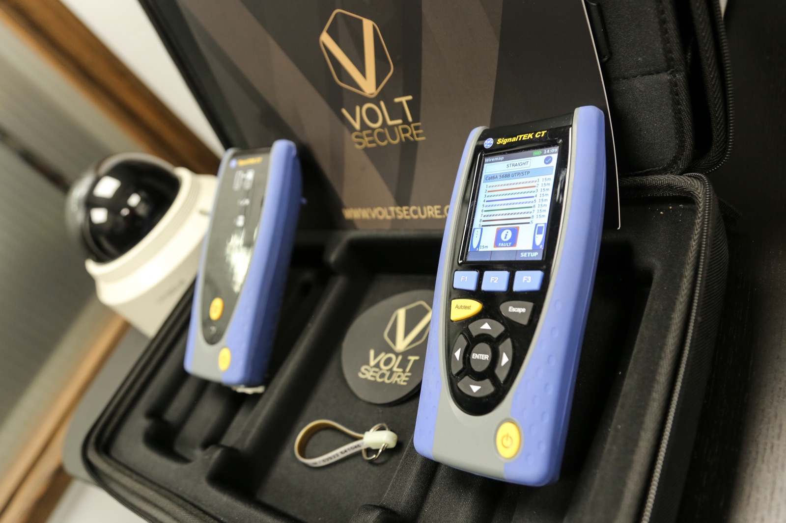 SignalTEK cable tester and IP camera in a VoltSecure-branded case