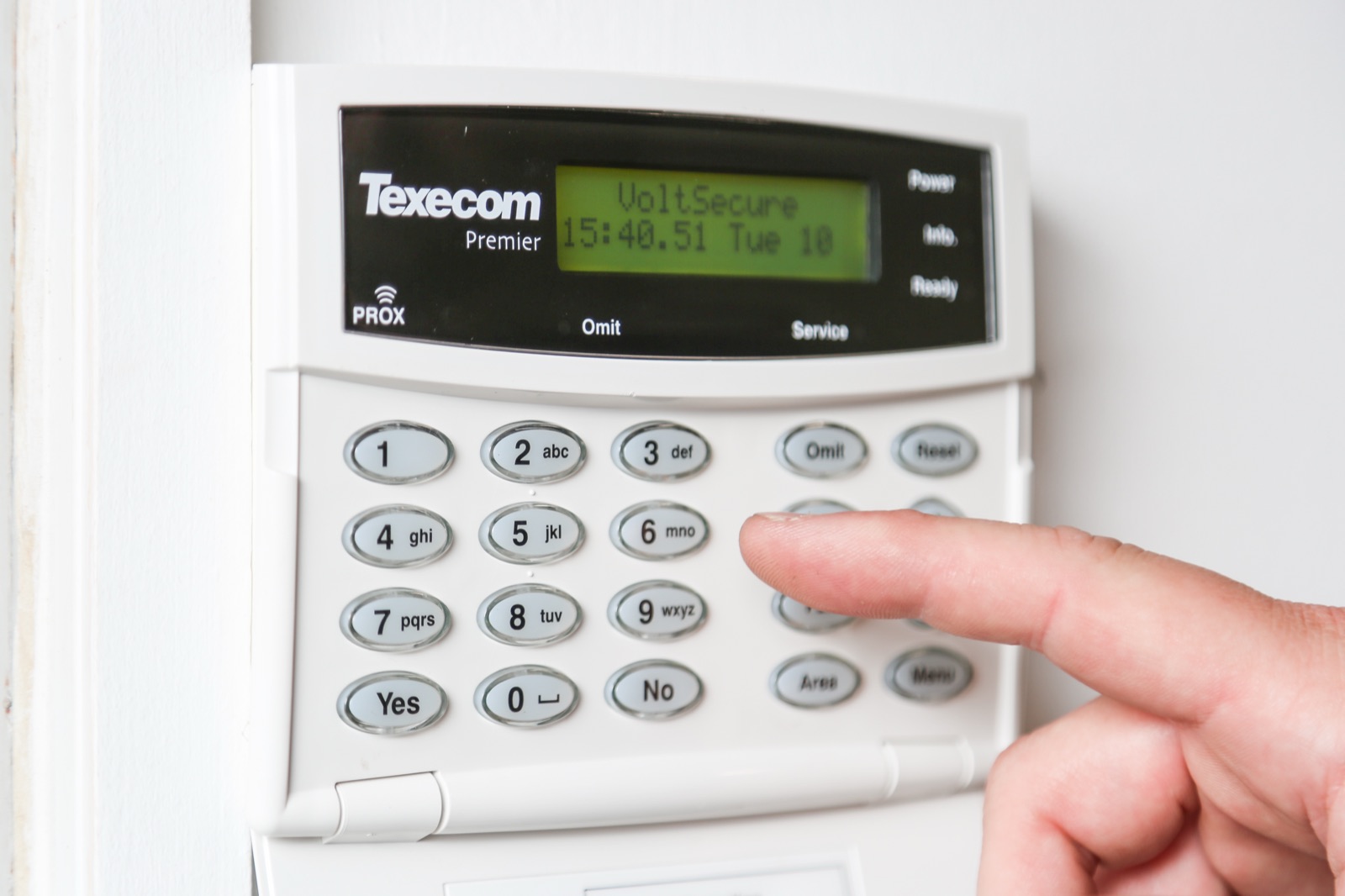 Texecom Premier intruder-alarm keypad displaying VoltSecure